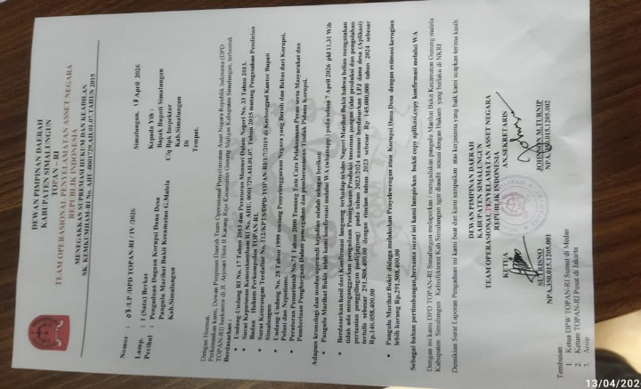 LSM Topan RI laporkan PemNag Marihat Bukit Ke Inspektorat terkait Dana Desa 2023-2024