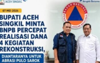 pemerintah kabupaten aceh singkil meminta badan nasional penanggulangan bencana (bnpb) segera mempercepat pencairan dan pelaksanaan program rekonstruksi infrastruktur penanggulangan bencana yang telah disetujui untuk wilayah tersebut.