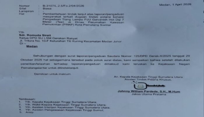 kejati sumut limpahkan dugaan korupsi pengadaan pju pematangsiantar ke kejari