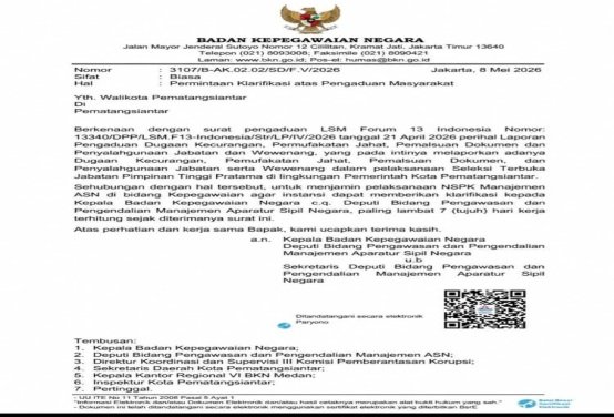bkn surati wali kota pematangsiantar, dugaan kecurangan seleksi jabatan asn disorot